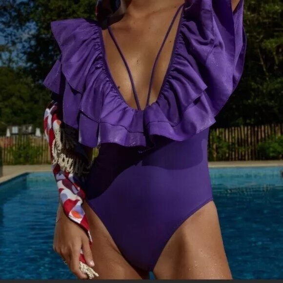 Zara Purple Frill One Piece Plunge Swimsuit Body Suit Swimming Costume S BNWT - Picture 1 of 11